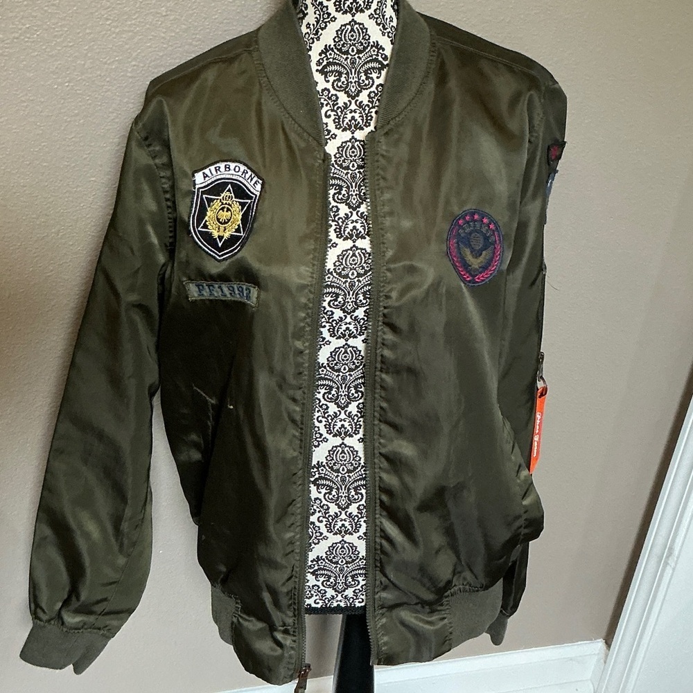 Phat Farm Olive Bomber Jacket with Patches Size Small